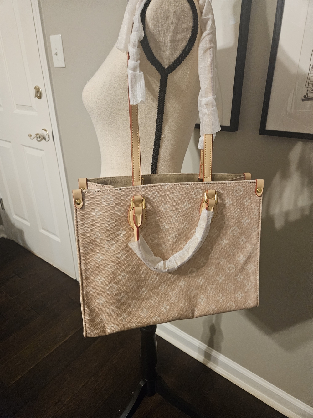 Women's Tote Bag in Beige Canvas with Leather Trim